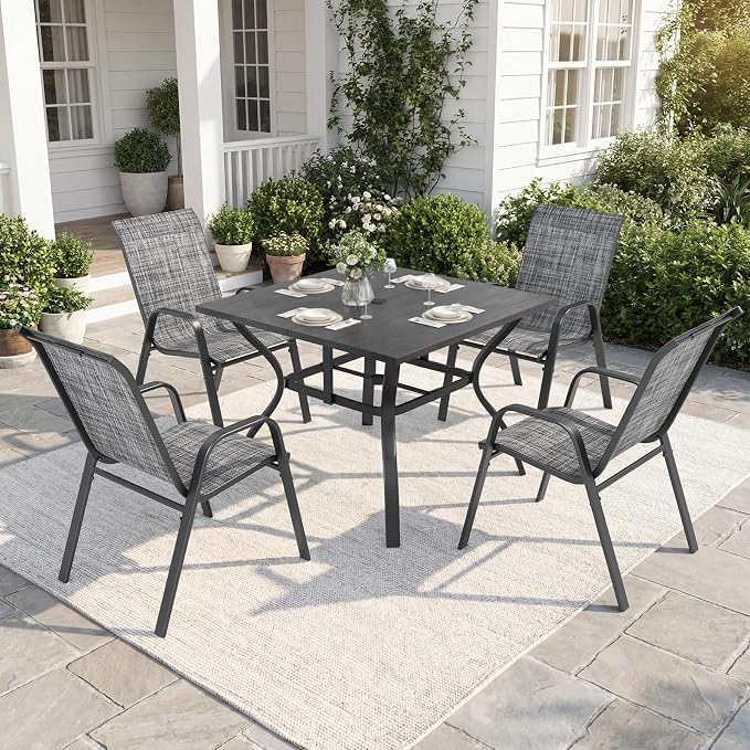 37.8”x37.8” Metal Outdoor Dining Table for 4,Square Patio Dining Table with Adjustable Umbrella Hole,All-Weather Brown Outdoor Patio Table for Porch, Garden, Backyard, Poolside, Lawn