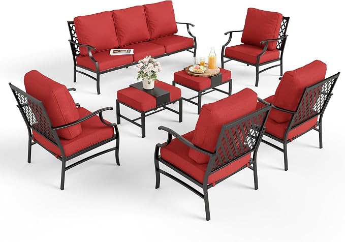 MIXPATIO Patio Furniture Set 7 pcs, Outdoor Patio Furniture, 3-Seat Sofa, 4 Single Chairs, 2 Ottomans and 5.75" Extra Thick Cushion, Patio Conversation Set for Garden Backyard Deck,Red