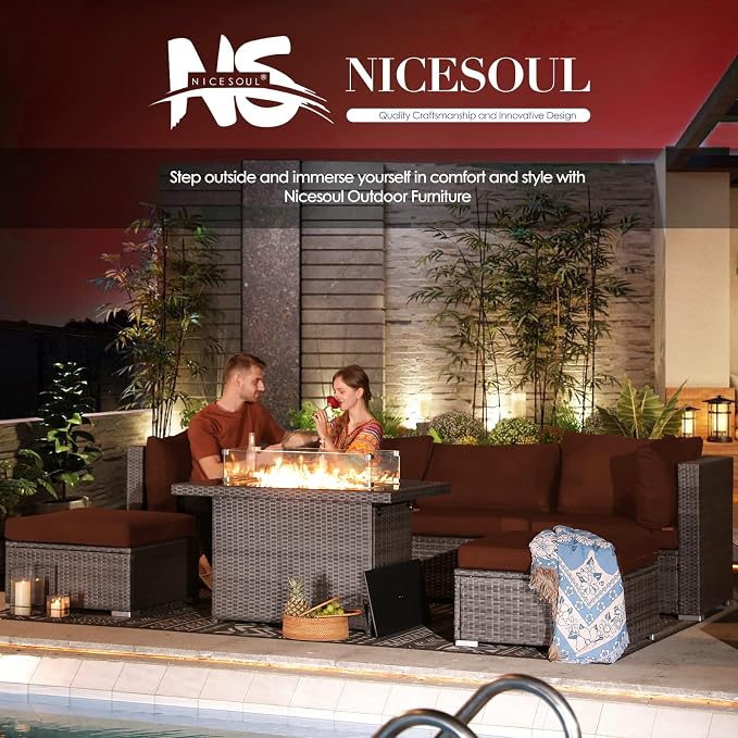 NICESOUL 15 Piece Outdoor Sectional with Fire Pit Table, Modern Luxury Patio Deep Seating w/Firepit, 29.3'' High-Back Wicker Couch Thick, Big High-Weight Capacity Sofa for Terrace, Yard, Gray & Red