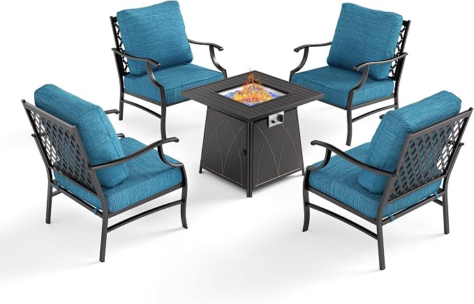 SUNSHINE VALLEY 5 Piece Metal Outdoor Patio Furniture Set with Fire Pit Table, Patio Conversation Sets 4 Fixed Chairs with 5.75" Thick Cushion and 5000 BTU Fire Pit Table, Backyard Furniture, Blue-2
