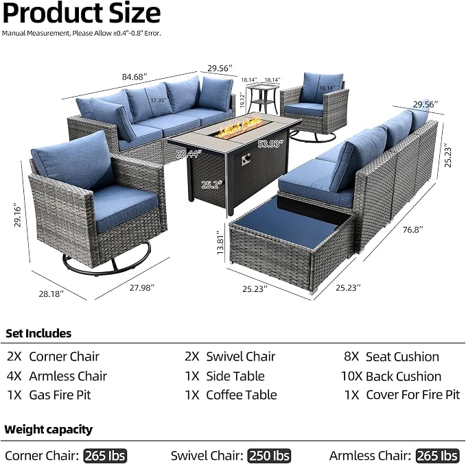 CAODOC 11 Piece Outdoor Patio Furniture Set with 53" Fire Pit Table, Wicker Sectional Conversation Set Whit Swivel Chairs,Modern Outside Sofa for Balcony Backyard(Blue)