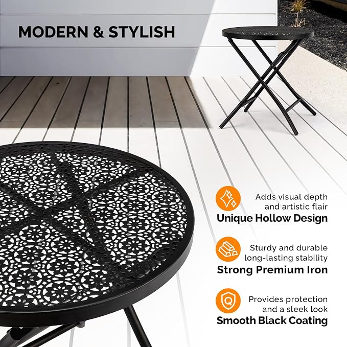 Folding Outdoor Side Tables, Small Patio Table Round Metal End Table with Flower Cutouts for Porch Yard Balcony Deck Lawn, Black