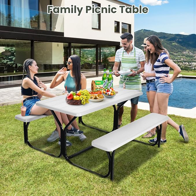 MEDIMALL Picnic Table, Portable Picnic Tables with Benches, Plastics Picnic Table Bench Set with Metal Frame & All Weather Tabletop, Large Camping Picnic Table for Outdoors, Backyard, Garden (White)