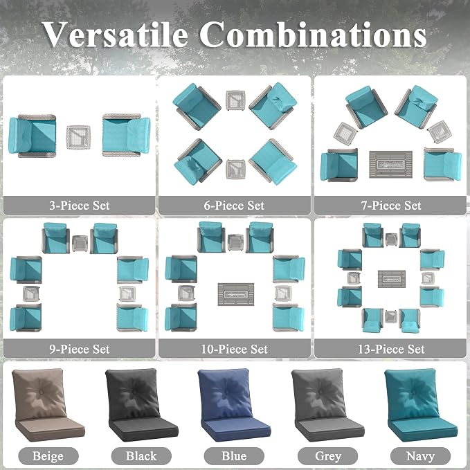 9 Piece Wicker Patio Furniture Set, Swivel Rocking Chairs with 4''Cushions, PE Rattan, Rust Resistant Frame, Double Layer Glass Side Table, for Backyard, Deck or Balcony, Blue