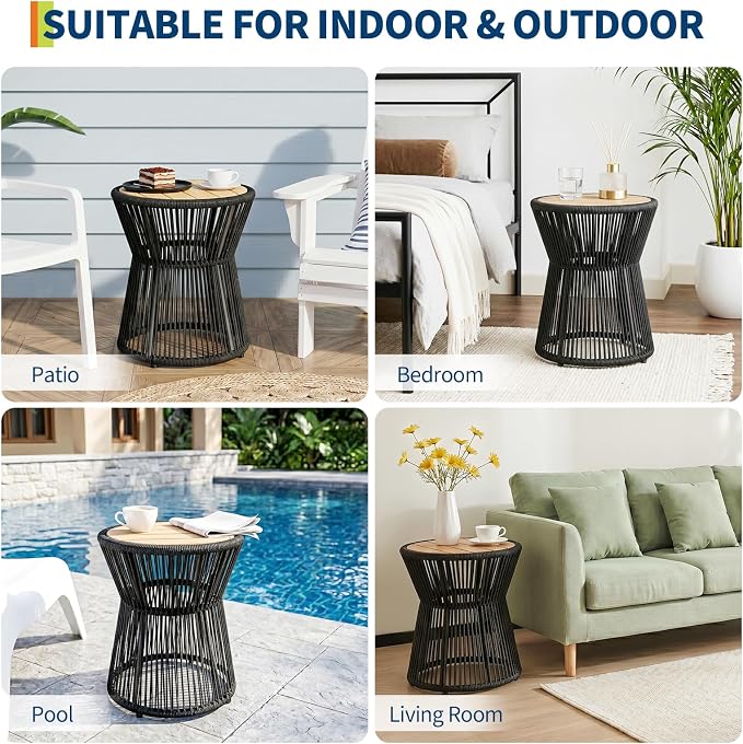 Garvee Outdoor Small Side Table, 20’’ h Patio Rattan End Table with Wood Top Round Coffee Table for Living Room Outdoor Patio Backyard Poolside