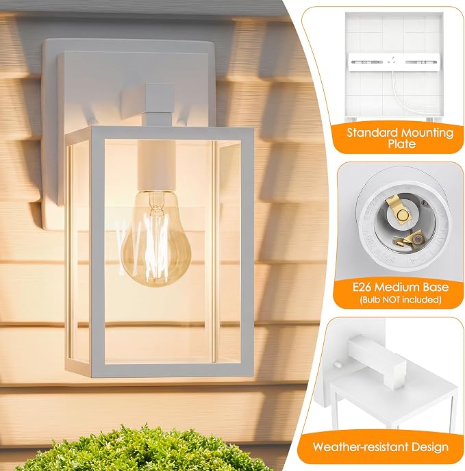 MATAMEYE Outdoor Wall Lantern, Waterproof Exterior Wall Sconce Light Fixture, White Front Door Lamp, Anti-Rust E26 Socket Porch Lighting