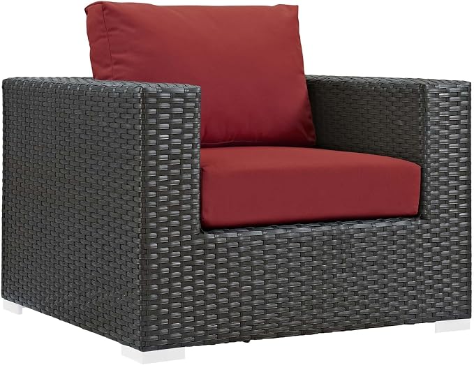 Modway Sojourn Wicker Rattan 3 Piece Outdoor Patio Sunbrella Sectional Set in Canvas Red
