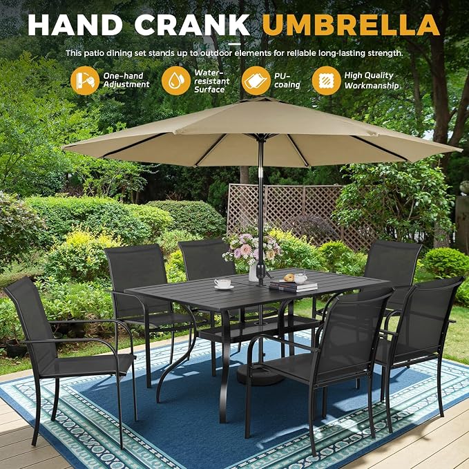 Incbruce 8 Pieces Patio Dining Set with Brown Umbrella, Outdoor Dining Set of 6 Textilene Chairs and Rectangle Table with Umbrella Hole for Backyard, Garden, and Poolside (Black)