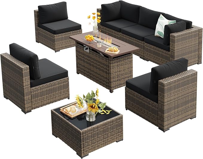 LazySunsets 8 Piece Outdoor Patio Furniture Set with 44'' Fire Pit Table, Outdoor Patio Furniture Set with Thicken Cushion, Wicker Rattan Outdoor Conversation Set for Backyard & Garden, Black