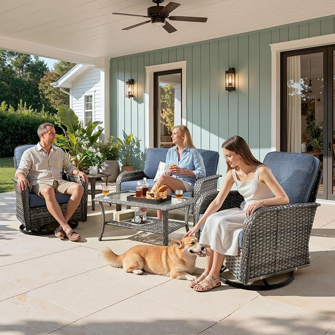 Weaxty Wicker Patio Furniture Set with Swivel Rocker Chairs Outdoor Loveseat Sofa and Rattan Coffee Table, 5 Pieces Outdoor Conversation Sets for Patio Porch Deck Backyard Poolside,Beige