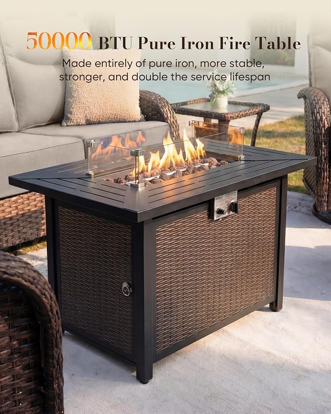 Belord Upgraded 6“ Cushion Luxury 10 Piece Patio Furniture Set with Fire Pit Table - Outdoor Couch & High Back Swivel Rocker Patio Chairs Set, Wicker Outdoor Furniture for Deck Porch Yard Brown/Beige
