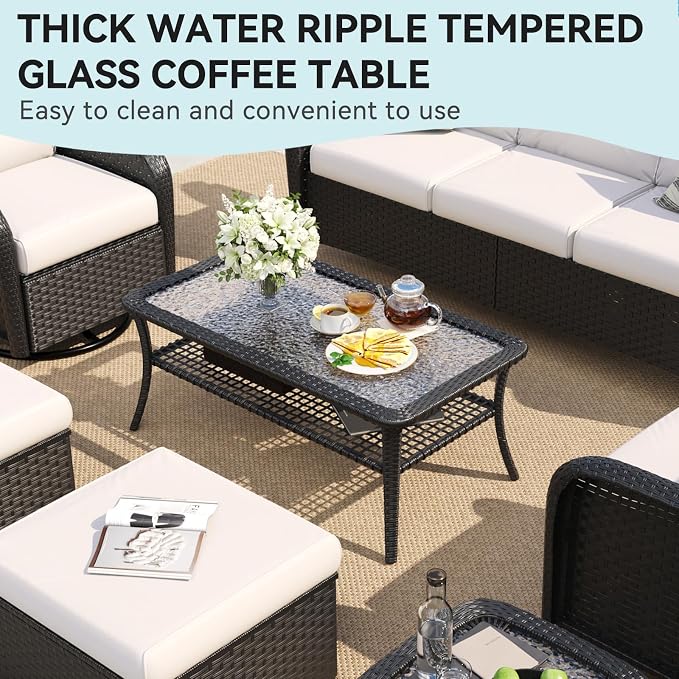 Aoxun Outdoor Coffee Table with Storage Wicker Patio Coffee Table, All-Weather Tempered Glass Top Coffee Table for Patio Furniture Set for Balcony, Garden, Deck, Backyard, Yellow
