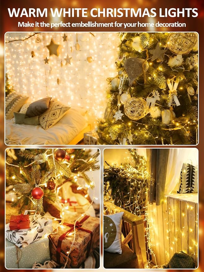 200 LED Christmas Tree Lights with Voice/Button Controlled Outdoor Indoor | 66FT Warm White Christmas String Lights, Clear Wire, 12 Modes, Dimmable, Waterproof Twinkle Fairy Lights for Party Garden