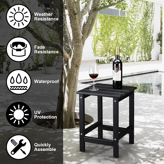 Adirondack Side Table - Waterproof & Colorfast HDPE Plastic with Square Slatted Top, 14x14x18.5 in, Black