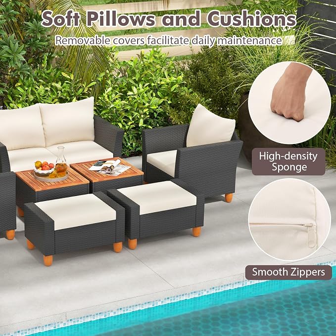 Tangkula 7 Pieces Patio Furniture Set, PE Rattan Sectional Sofa Set with Loveseat, Armchairs, Ottomans & Table, Acacia Wood Tabletop, Outdoor Conversation Set for Porch, Garden & Poolside