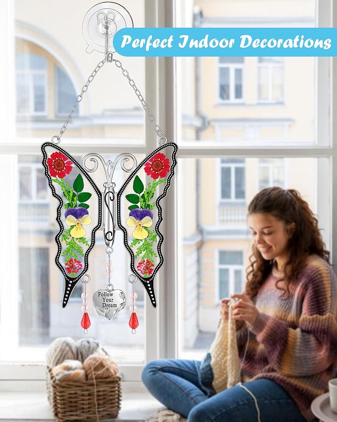 KY&BOSAM Butterfly Suncatcher for Windows Hangings Follow Your Dream Stained Glass Wind Chimes with Pressed Flower Heart Charm Birthday Gifts for Women Mother's Day Valentine's Christmas Home Decor