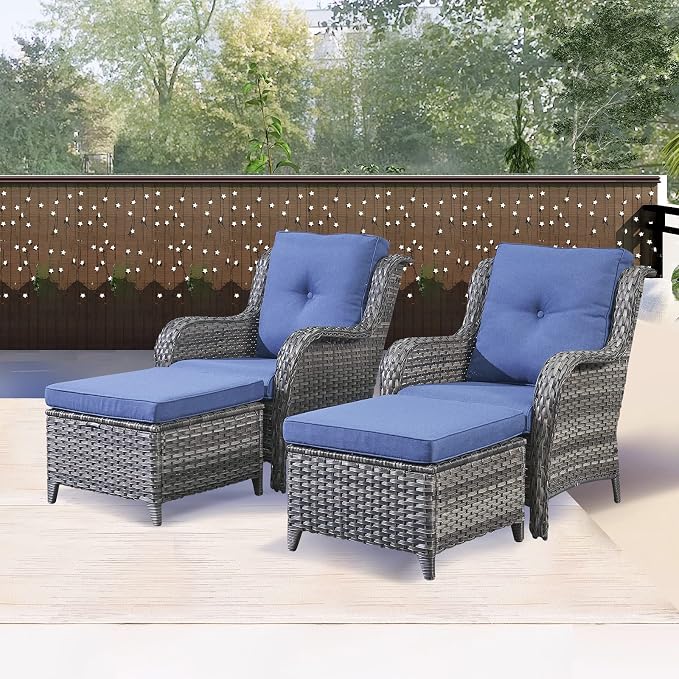 Rilyson Luxury 4 Pieces Patio Wicker Furniture Ottomans, Wicker Patio Chairs Set of 2 with Ottoman, Rattan Outdoor Porch Chair with Thick Cushion for Balcony Deck Yard and Porch (Grey/Blue)