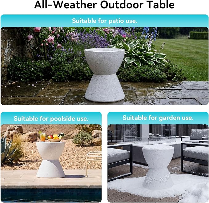 COSIEST Outdoor Drum Side Table, 19" Modern Concrete Hourglass End Table for Patio, Small Round Outside Accent Table & Plant Stand for Garden, Porch, Deck, Balcony,White