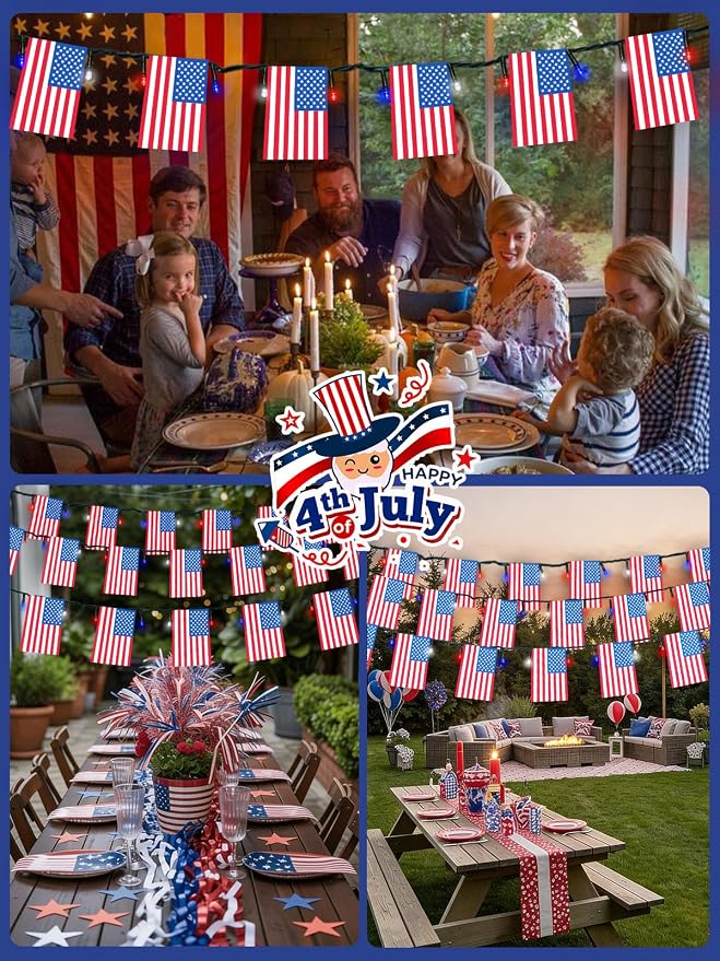 4th of July Decorations 2 Pack 100 LED Solar American Flag Lights Outdoor | 50 USA Flags, 8 Modes, Memory Function, Auto On/Off, 37.6FT Waterproof String Lights for 250th Anniversary Patriotic Decor