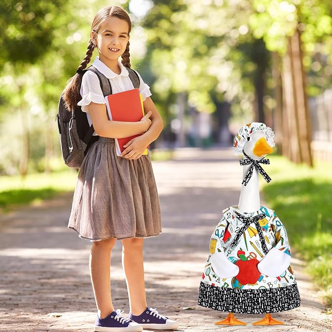FuWeave Back to School Porch Goose Outfit Set for Plastic Statue Lawn Porch Goose Clothes with Schoolbag for Patio Decor