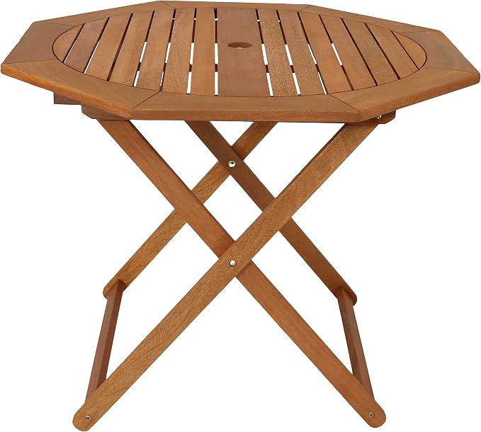 Sunnydaze Meranti Wood Folding Outdoor Table with Umbrella Hole - Foldable Patio Table for Dining & Gatherings - Teak Finish - Octagon