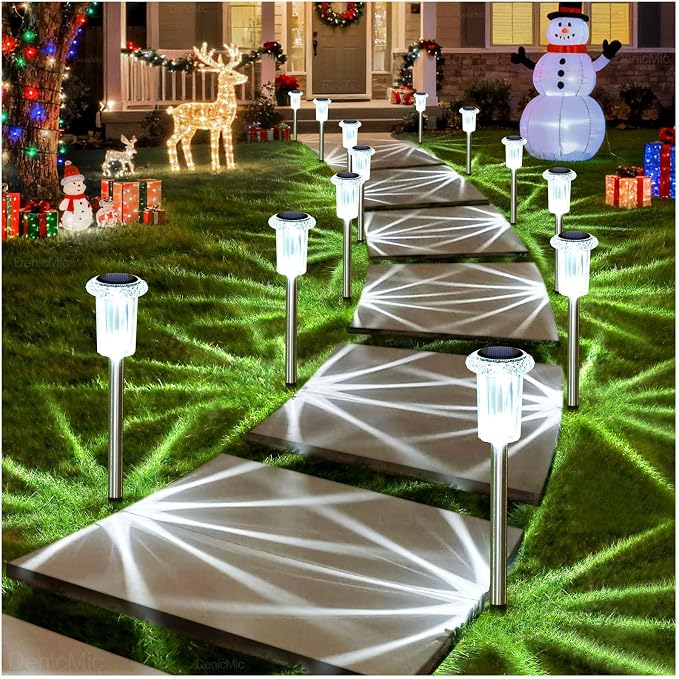 DenicMic Solar Lights Outdoor Waterproof 10 Pack Pathway Lights Cool White | Stake Lights for Yard Garden Driveway Walkway Outside Landscape Path Lights, Auto On/Off 6000K LED, Stainless Steel Pole