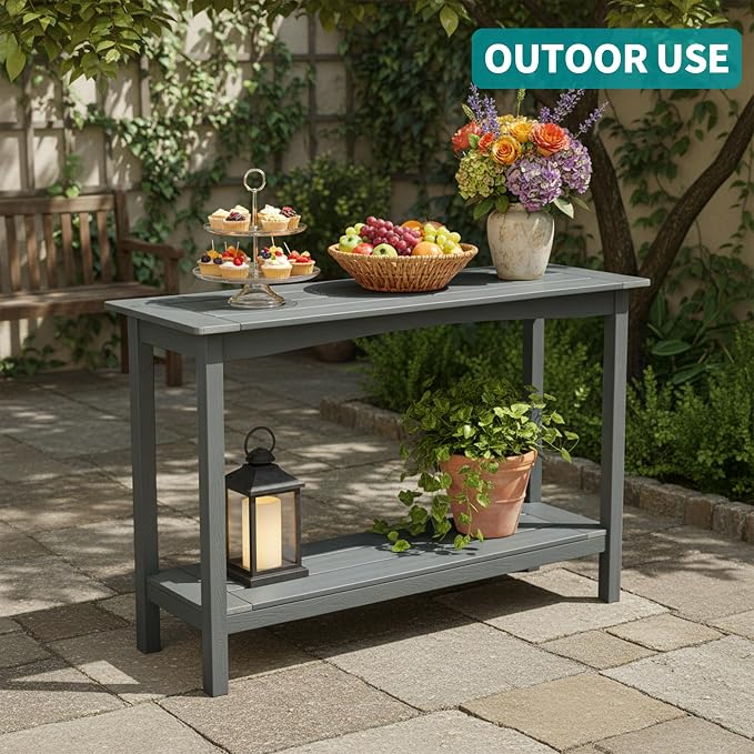 Outdoor Console Table, All-Weather 2-Tier Patio Console Table, Outside Plant Stand Table, Low Maintenance, Never Rot or Fade, HIPS Table for Indoor, Backyard, Garden, Entryway, Grey