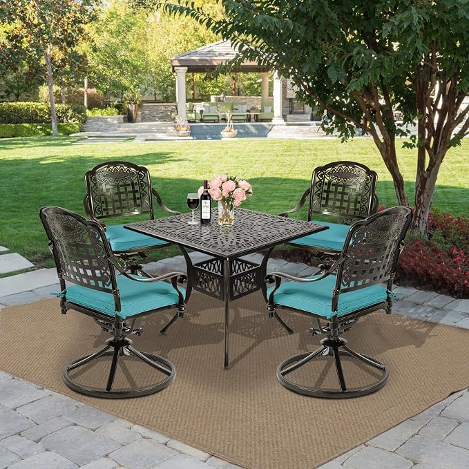 MEETWARM 5-Piece Outdoor Patio Dining Set, All-Weather Cast Aluminum Patio Conversation Set with 4 Cushions Swivel Rocker Chairs for Backyard Garden Deck and 35.4" Square Table, Ocean Blue