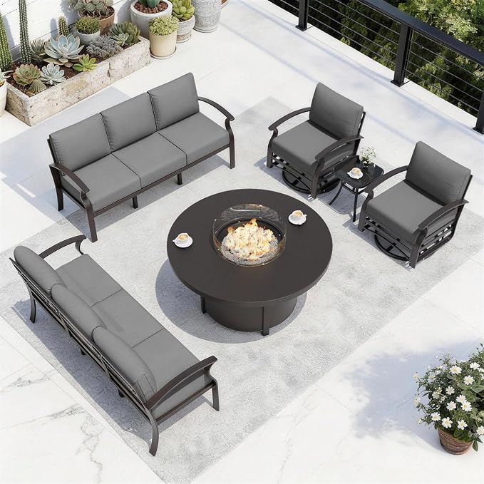 ALAULM Aluminum Patio Furniture Set with Coffee Table Rectangular, 5-seat Outdoor Sectional Furniture w/2 Swivel Chairs, Patio Conversation Set for Porch, Backyard, Poolside-Grey