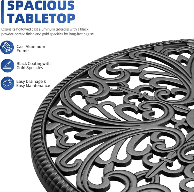 GAOMON 23" Cast Aluminum Patio Bistro Table with Umbrella Hole, Outdoor Round Coffee Bistro Side Table, Anti-Rust Outdoor Furniture for Backyard, Garden, Porch, Pool, Balcony, Black