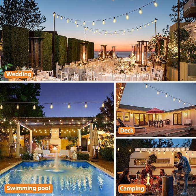 Brightever Dimmable Outdoor String Lights with Remote, 3 Colors in 1 LED Patio Light for Outside with 25+1 ST38 Edison Bulbs, 50FT 3 Modes Gazebo Lighting Waterproof for Camping, 2700K/4000K/5000K