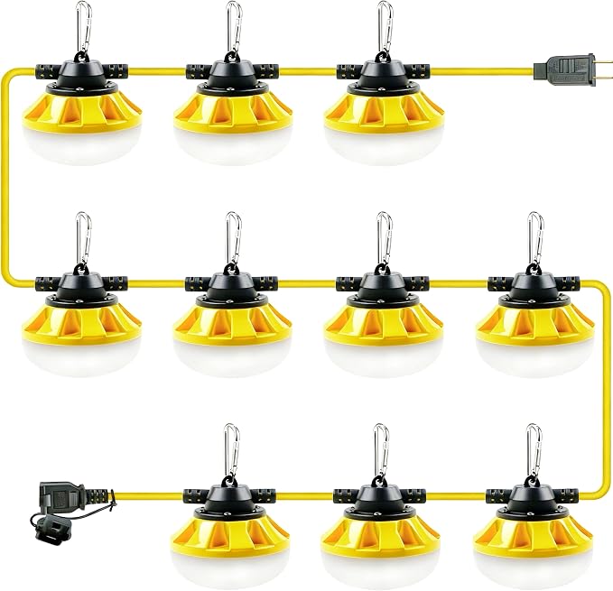 100FT LED Construction String Lights, with 10 Bulbs Industrial Grade 100W | 10000LM Temporary Work Lights,Linkable 5000K Super Bright Weatherproof Lighting for Construction Site, Job Site,&Outdoor Use