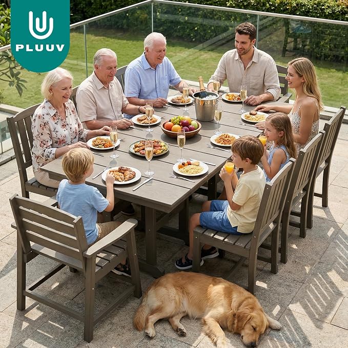 PLUUV 9-Piece Outdoor Patio Dining Set – HDPE Dining Table with Aluminum Legs and Umbrella Hole, 8 Chairs & 1 Table, All-Weather Patio Furniture Set for Garden Deck Backyard, Grey