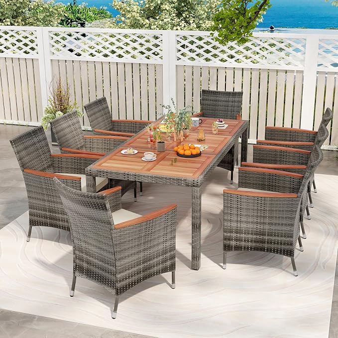 KOTEK 9 Piece Outdoor Dining Set, Wicker Patio Dining Set for 8 with Acacia Wood Table & Chairs, 1.96'' Umbrella Hole, Patio Table and Chairs Set for Backyard, Deck, Garden (Mix Grey)