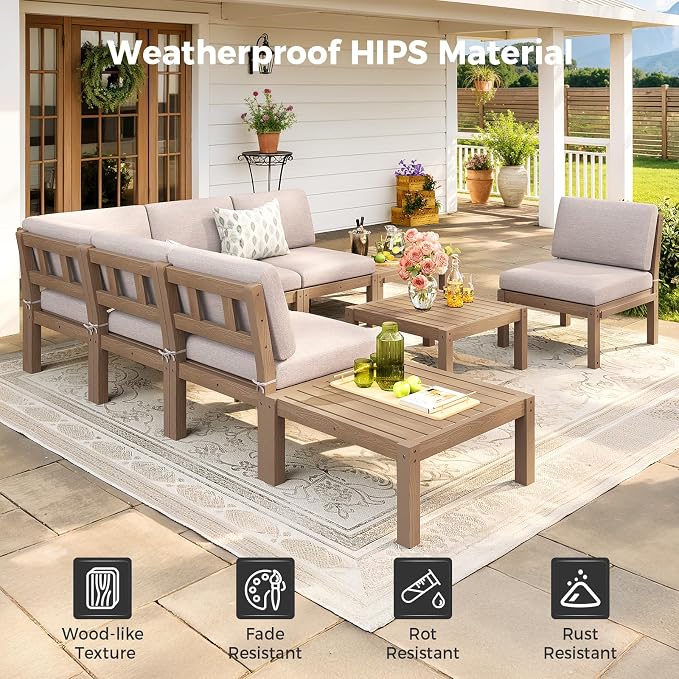 Outdoor Patio Chairs Set of 2, HIPS Modular Sectional Seatings & Thick Cushions– Side Interlock Easy to Connect, Weatherproof Patio Furniture Set for Backyard, Deck, Poolside (Teak)