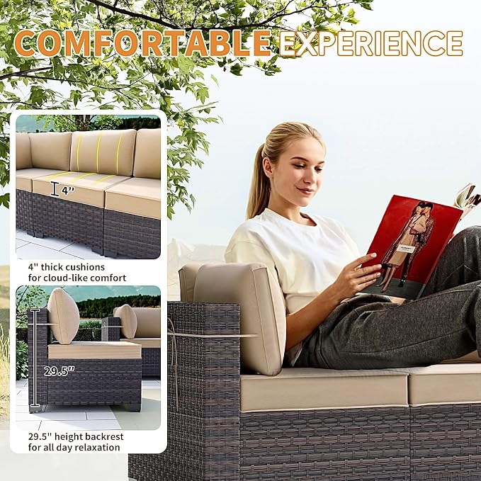 Gotland 9 Pieces Patio Furniture Set with 29.5'' High Backrest, All Weather PE Wicker Outdoor Furniture with 4’’ Thickened Cushions Coffee Table, Patio Set for Deck, Garden, Backyard, Khaki