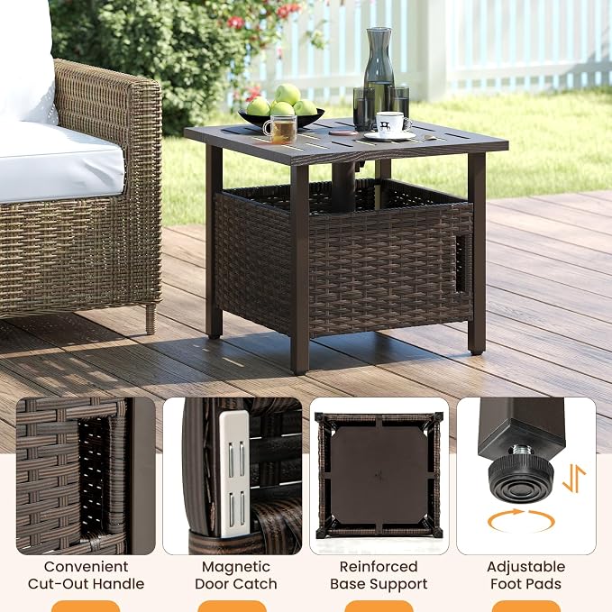 HAPPYGRILL Outdoor Side Table with 1.93" Umbrella Hole, Patio Umbrella Stand with Zinc-Iron Alloy Tabletop, Rustproof Metal Frame, PE Rattan End Table for Deck Garden Yard Poolside (with Sand Bag)