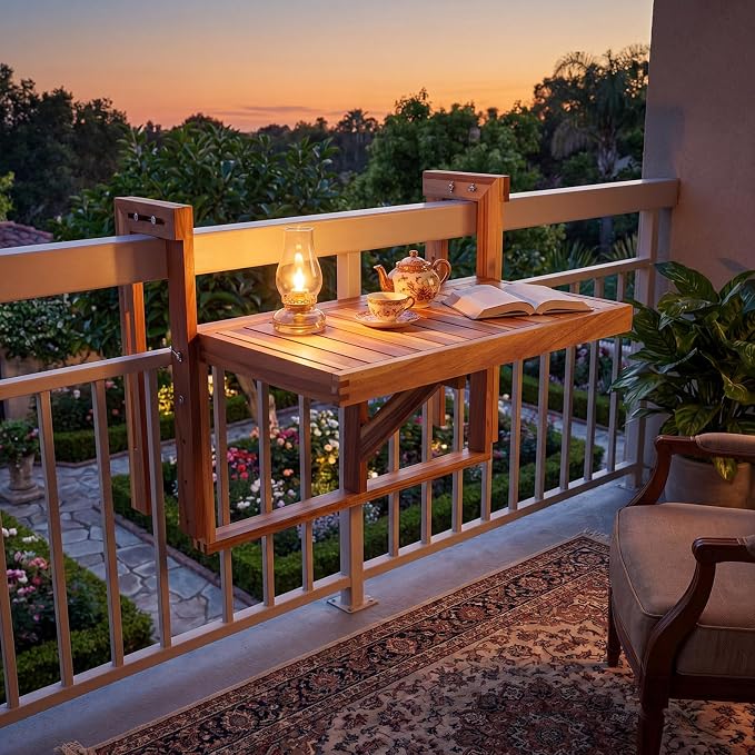 Colingmill 2 Set 22 Inch Balcony Hanging Table, Acacia Wood Foldable Railing Table Adjustable Height & Width, Outdoor Balcony Desk for Coffee, Laptop, Breakfast, Suit for Small Spaces Patio Deck Porch