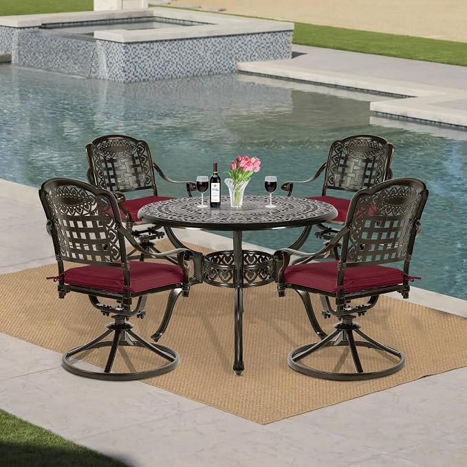 VIVIJASON 5-Piece Outdoor Patio Dining Set, All-Weather Cast Aluminum Conversation Set, Patio Furniture Set for Backyard, Include 4 Swivel Chairs, a 38.5" Round Table w/Umbrella Hole, Red Cushion
