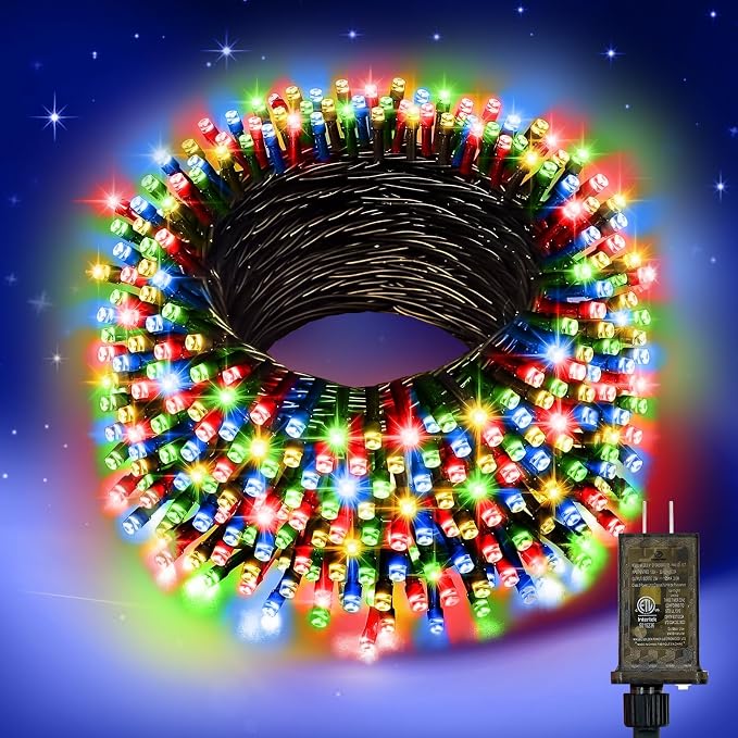 Nisocy 100FT 4-Color Christmas String Lights, Red Green Blue Warm White LED Mini Lights with Green Wire, 8 Modes, Timer, Plug-in Indoor Outdoor Lights for Tree, Porch, Fence and Holiday Decor