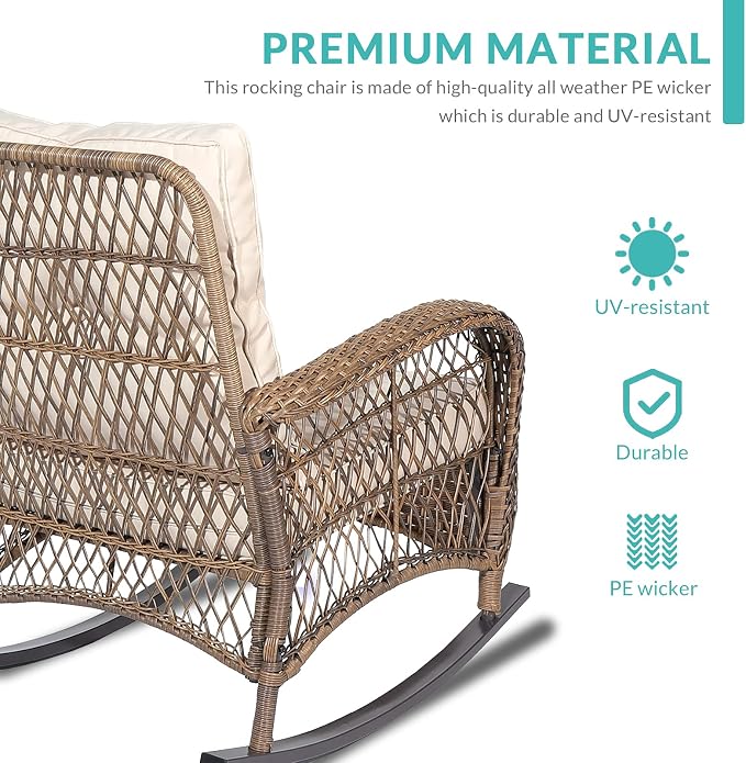 MEETWARM 5 Pieces Outdoor Wicker Patio Conversation Sets with Glider Loveseat, 2 Chairs with 2 Glass-Top Coffee Table Rocking Glider Set, Wicker Conversation Set with Thickened Cushions, Beige