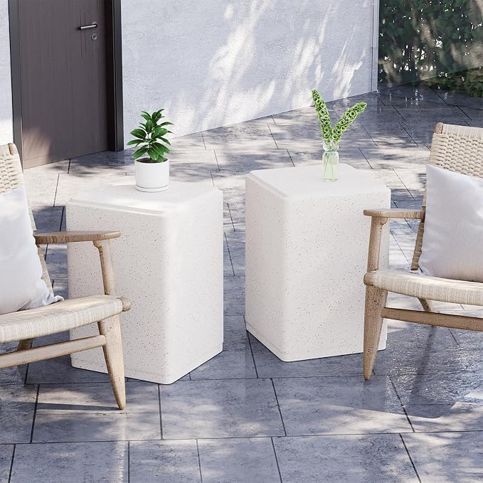 SUNBURY Outdoor Concrete Side Table, 20" H Outdoor End Tables, Cement Accent Table for Patio, Rectangular Modern Garden Small Garden Stool for Patio, Backyard, Spotted White