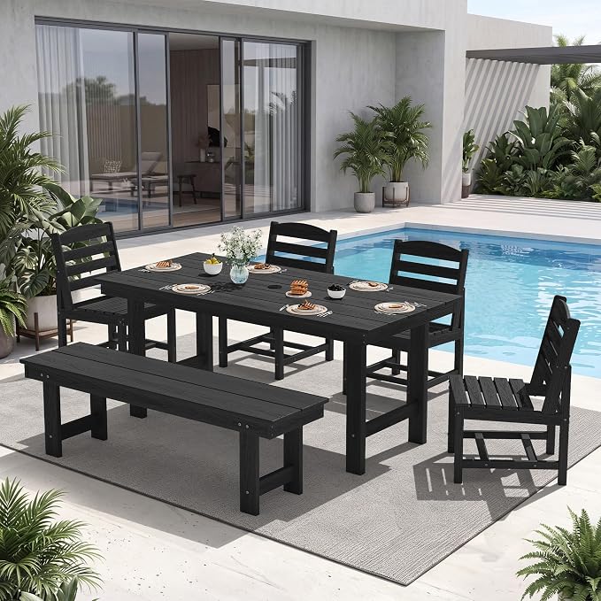 KINGYES 7-Piece Patio Dining Set, HDPE Table and Armless Chairs Outdoor Furniture Set with Umbrella Hole, Black