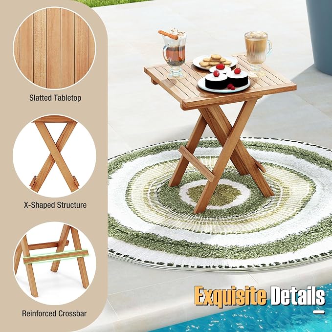 Tangkula Patio Folding Side Table, Teak Wood Square Patio Table with X-Shaped Legs & Slatted Tabletop, Portable & Compact Outdoor Indoor Use for Backyard, Deck, Lawn