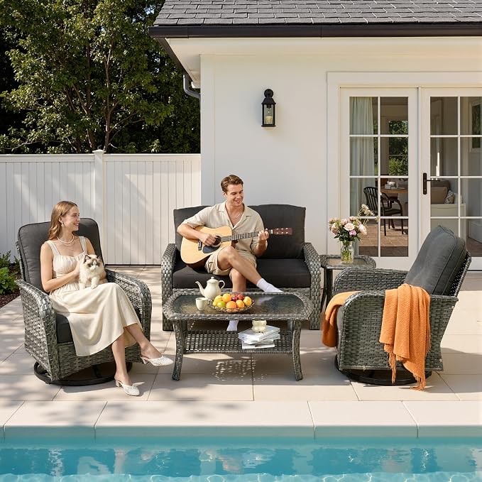 5-Piece Patio Furniture Set, Outdoor Wicker Furniture with Coffee Table, High Back Swivel Rocker Patio Chairs, Modern Rattan Outdoor Chairs Conversation Set for Porch, Balcony, Garden, Black