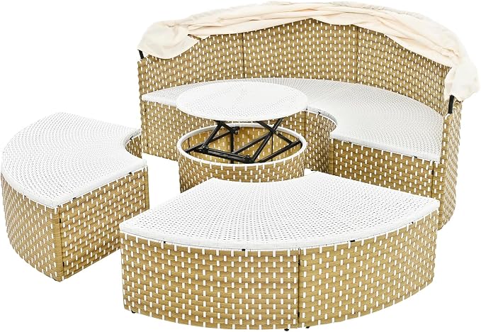 Merax Patio Conversation Set, 5-Piece Outdoor Furniture Round Sectional Sofa Set Rattan Daybed Two-Tone Weave Sunbed with Retractable Canopy, Beige