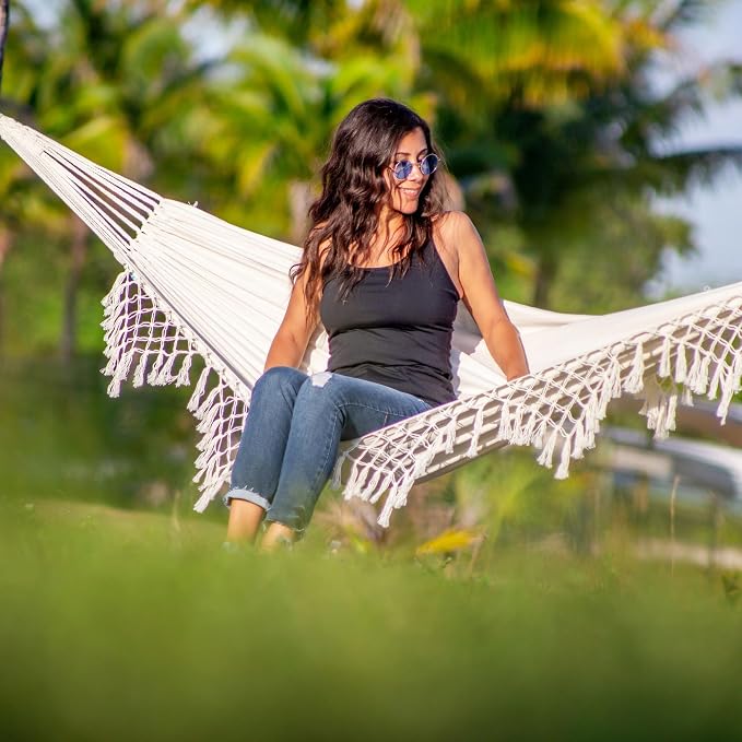 Bliss Hammocks BH-400FR Hammock in a Bag with Fringe, Cotton, Portable, Supports up to 250-Pounds for Camping, Hiking and Outdoors, Natural
