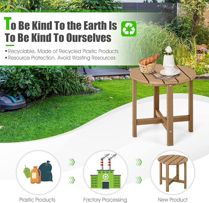 Tangkula Round Outdoor Side Table, 18 Inch Weather Resistant HDPE Adirondack Table, Outdoor Indoor Chairside End Tables, Patio Side Table for Lawn Garden Balcony Backyard, Easy Assembly (1, Brown)