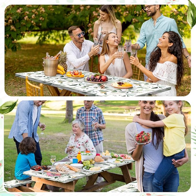 Boao 3 Pcs Vinyl Picnic Table Cover with Bench Cover 6 ft 30 x 72 Inch Waterproof Fitted Tablecloth Flannel Backing Rectangular Elastic Edged for Camping Outdoor Patio Travel(Eucalyptus)
