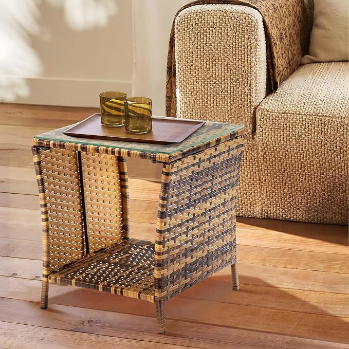 Outvita Outdoor Side Table, Rattan Coffee Table Small End Table with Glass Top Storage for Patio Porch Backyard Balcony